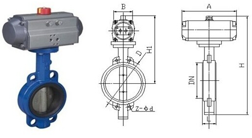 氣動(dòng)對(duì)夾式蝶閥外形尺寸結(jié)構(gòu)圖